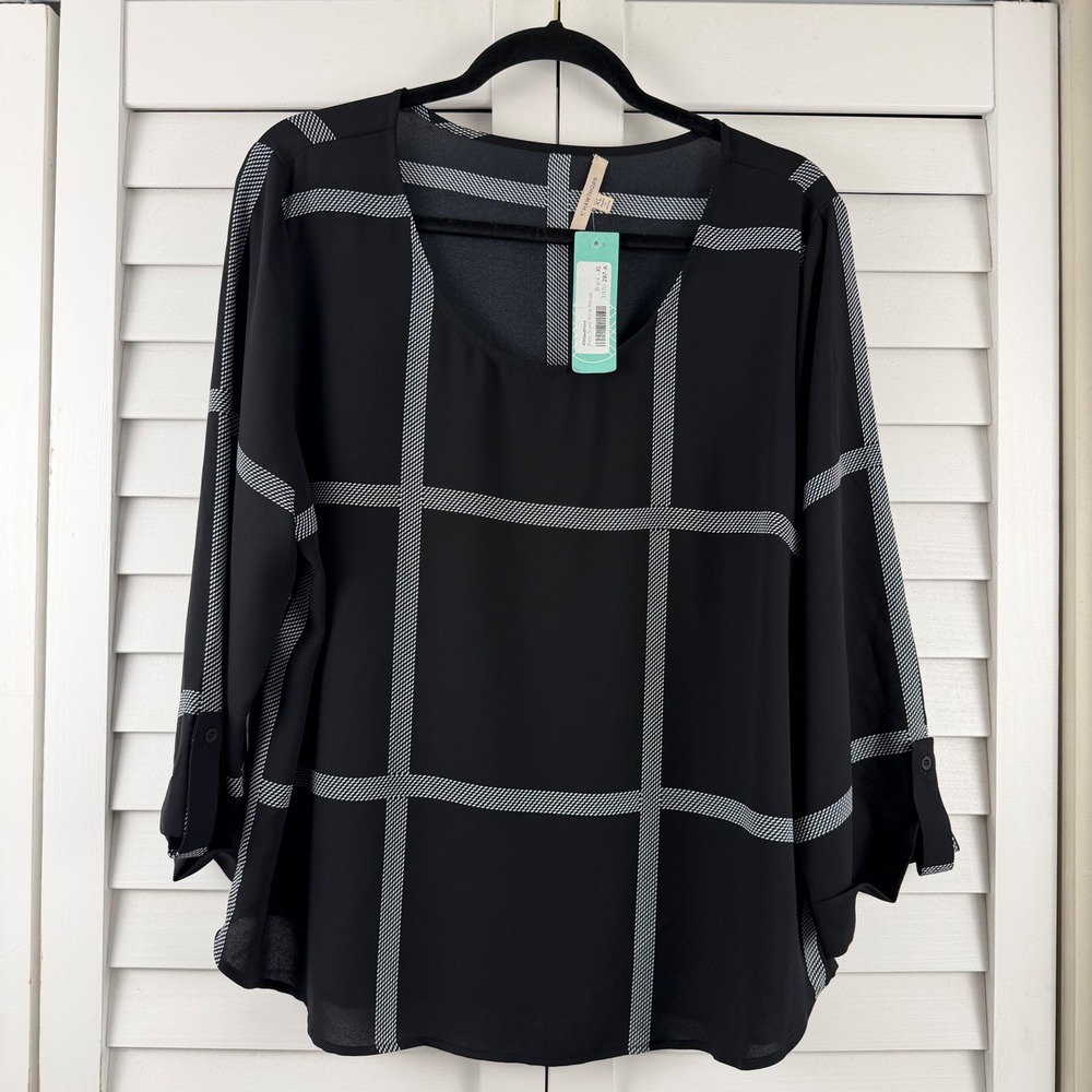 41 Hawthorn Bixby Scoop Neck Blouse Women XL Black Windowpane Plaid NEW - Picture 15 of 15